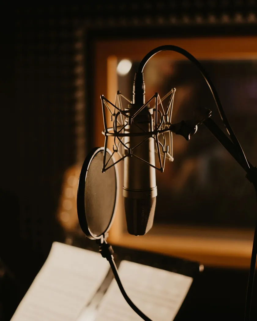 Studiový kondenzátorový mikrofon s pop filtrem na stojanu v tlumeném nahrávacím prostoru